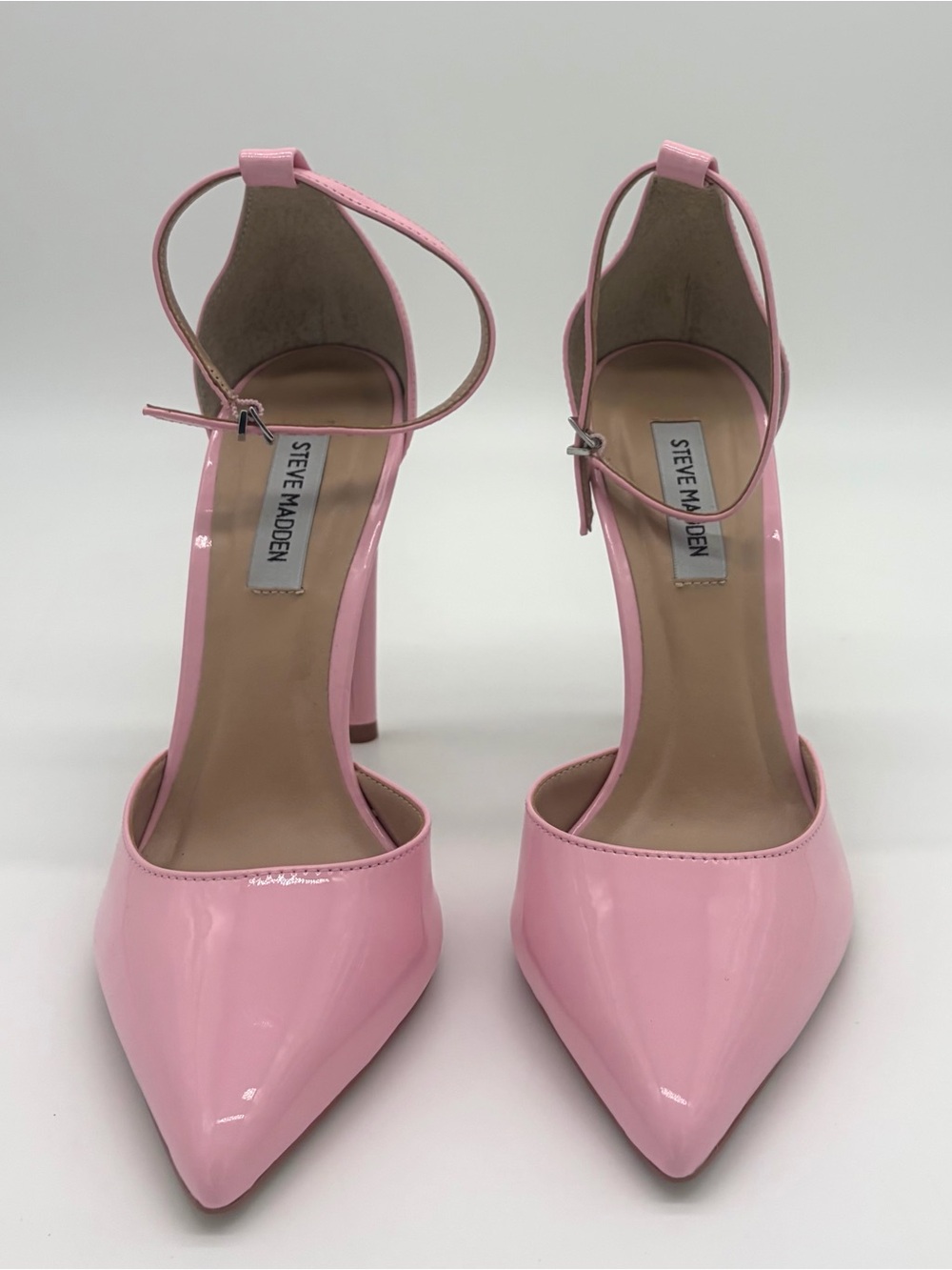 Steve Madden Glossy Light Pink Pointed-Toe Ankle-Strap Heels